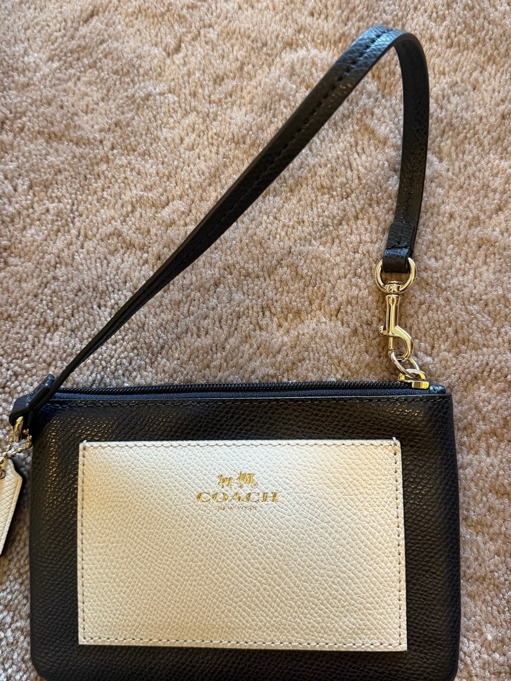Coach Black and White Leather Wristlet with Gold Hardware